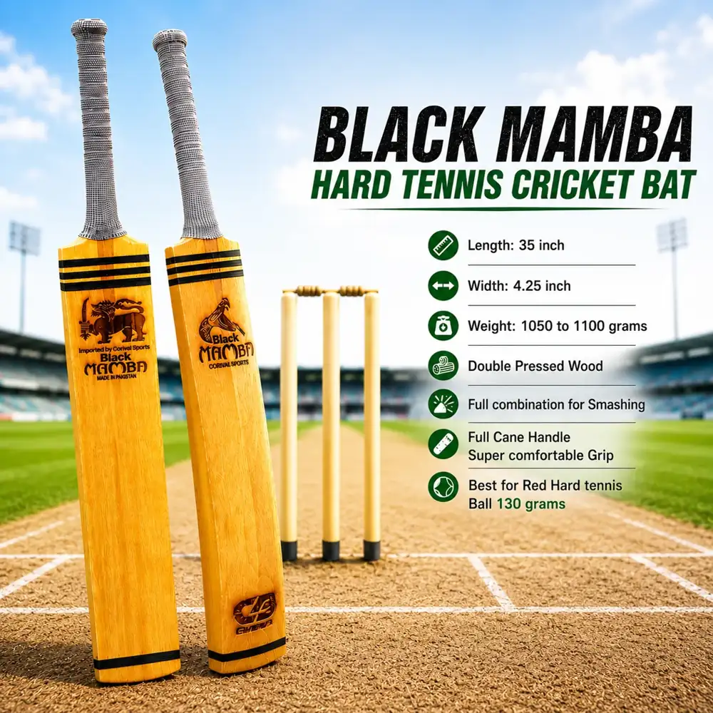 Black Mamba Hard Tennis Cricket Bat displayed on a professional cricket pitch with hard tennis balls